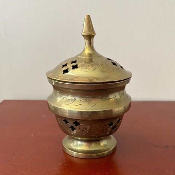Brass Incense Holder Burner Etched 2 Piece India Meditation Vintage - Picture 1 of 8